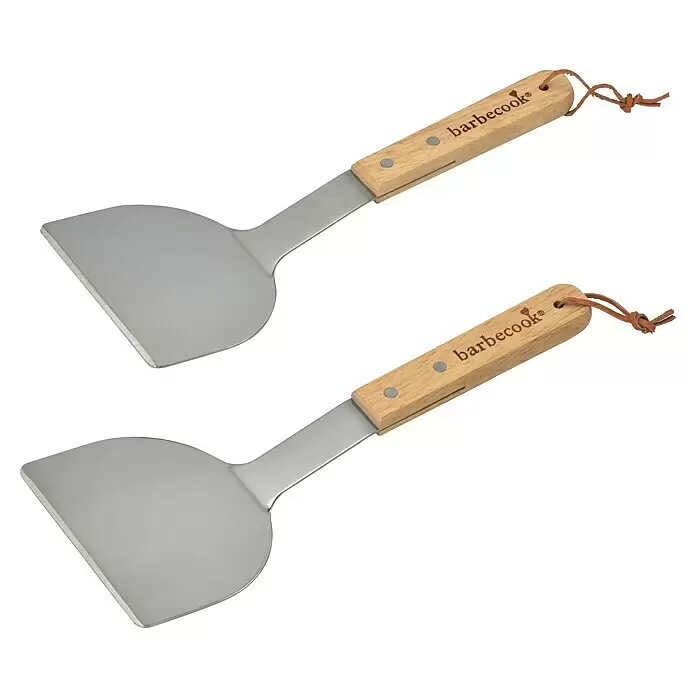 Barbecook Grillgutwender Plancha - Länge: 31 cm, Edelstahl, 2 -tlg. - Zwei Metall-Grillwender mit hellen Holzgriffen und braunen Lederschlaufen.