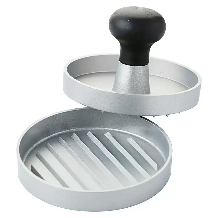 Barbecook Hamburgerpresse - Ø x H: 11,5 x 8 cm, Edelstahl - Silberfarbene Burgerpresse aus Metall mit schwarzem Griff, zeigt ihre zwei getrennten Teile mit gerillter Unterseite für gleichmäßige Patties.
