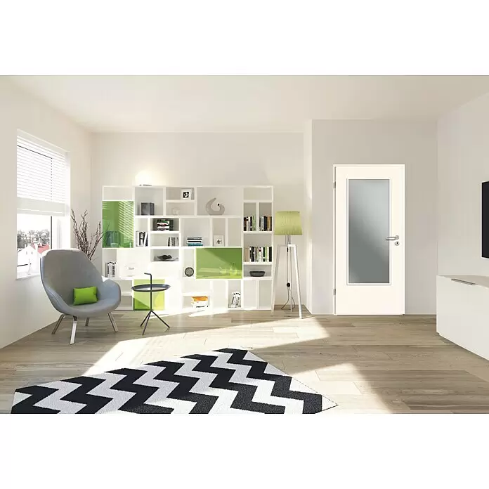 GetaDoor Laminit Zimmertür GL 223 LA - 860 x 2.110 mm, DIN Anschlag: Links, Weiß seidenmatt, Röhrenspan, Satiniertes Glas - Weiße Innentür mit Milchglasfüllung, die den natürlichen Lichteinfall zwischen Räumen verstärkt.