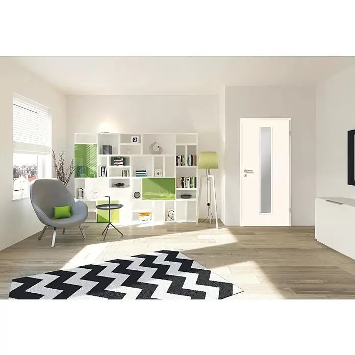 GetaDoor Laminit Zimmertür GL 223 LA-1 - 735 x 2.110 mm, DIN Anschlag: Rechts, Weiß seidenmatt, Röhrenspan, Satiniertes Glas - Moderne weiße Innentür mit vertikaler Milchglasscheibe und silbernem Griff.