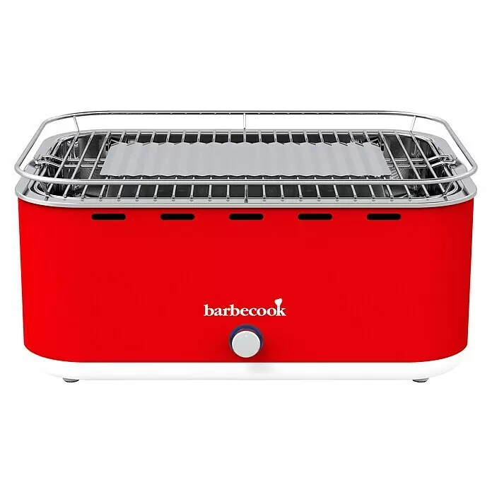 Barbecook Tischgrill Carlo - Grillfläche (B x T): 38,5 x 28,5 cm, Chilirot - Ein rot-weißer Elektrogrill mit verchromter Kochfläche und blau-weißem Drehknopf.