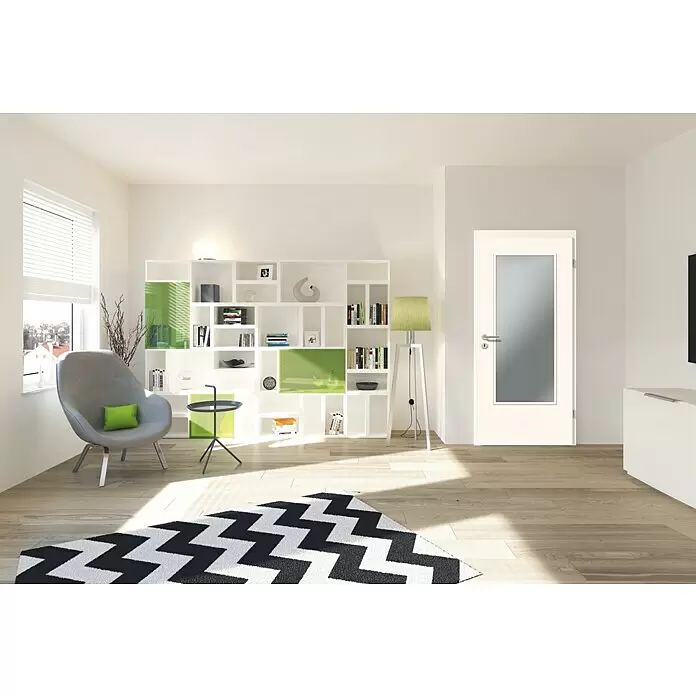GetaDoor Laminit Zimmertür GL 223 LA - 860 x 1.985 mm, DIN Anschlag: Rechts, Weiß seidenmatt, Röhrenspan, Klarglas - Weiße Innentür mit großer Milchglasscheibe, passend in einen modernen Wohnraum.