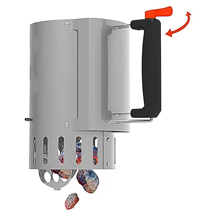 Barbecook Anzündkamin - Ø x H: 16,5 x 27,5 cm, Edelstahl - Grauer Metall-Anzündkamin mit schwarzem Griff, rotem Hebel und sichtbaren, herausfallenden glühenden Kohlen.
