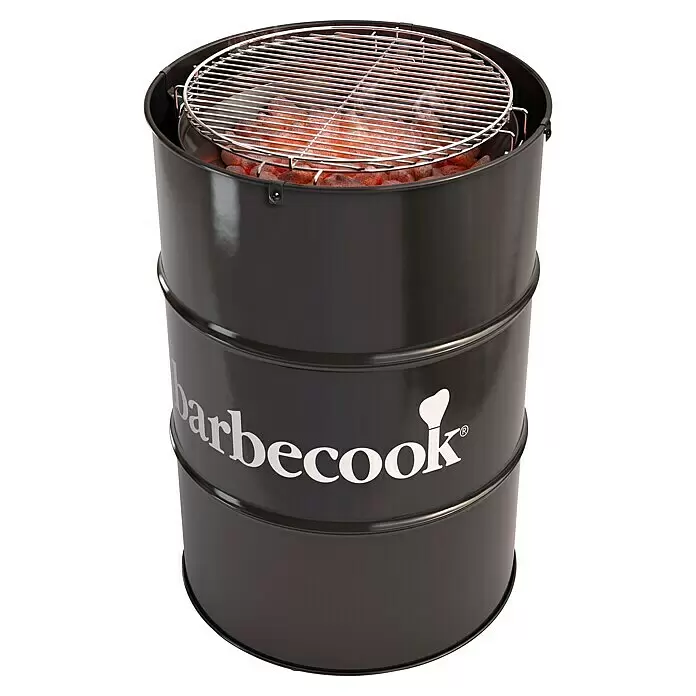 Barbecook Feuertonne Edson - Durchmesser Grillfläche: 47,5 cm, Schwarz - Dunkelgrauer Barbecook Fass-Holzkohlegrill mit silbernem Rost und glühenden Kohlen.