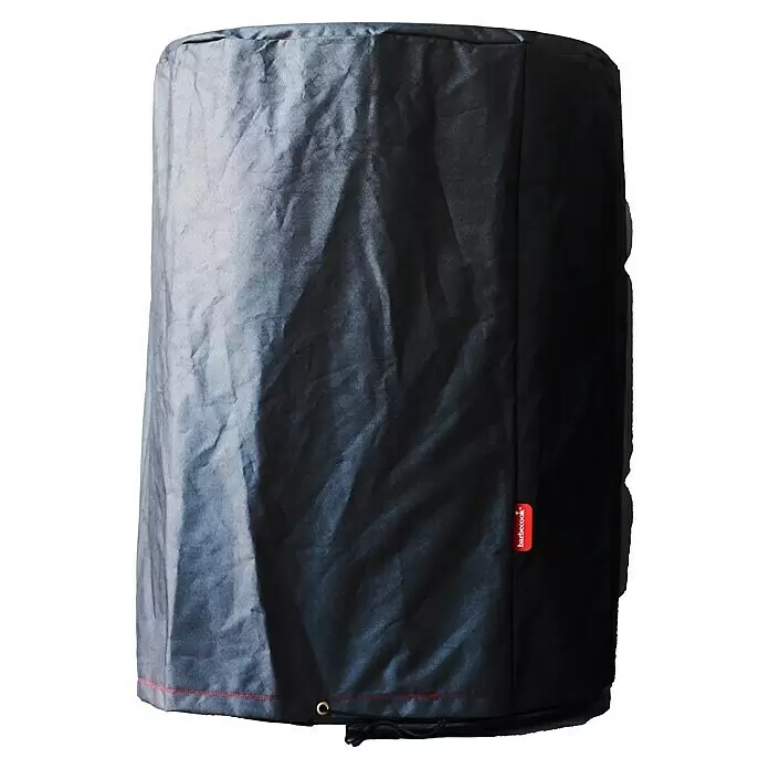 Barbecook Grill-Schutzhülle - Passend für: Barbecook Grilltonne Edson - Dunkelgraue Stoff-Grillabdeckung mit zerknitterter Textur, rotem Barbecook-Etikett, roter Naht und Kordelzug am Boden.