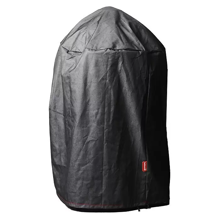 Barbecook Grill-Schutzhülle - Polyester, Barbecook Kamal Kamado - Schwarze Stoff-Grillabdeckung mit konischer Spitze, rotem Etikett und Kordelzug unten.