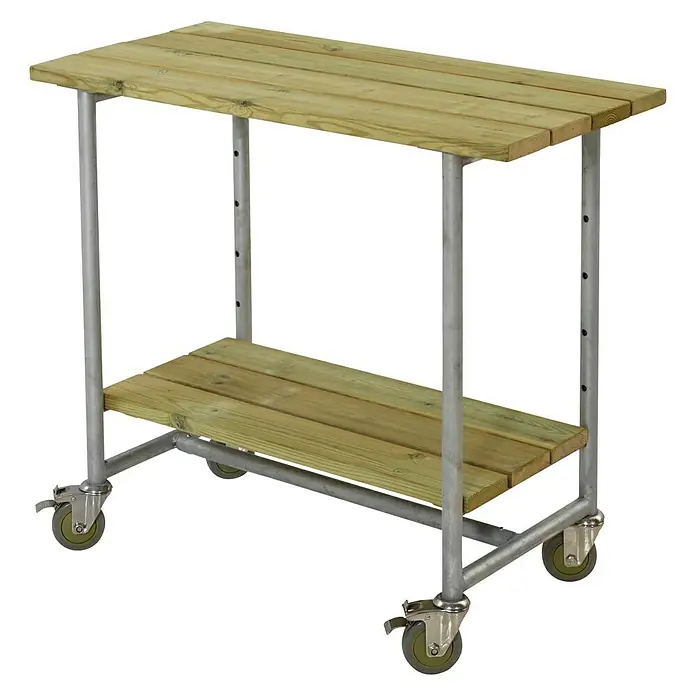 Plus Gartentisch / Pflanztisch Urban - 100 x 50 x 90 cm, Natur, 1 Boden - Ein zweistöckiger Servierwagen aus Holz und Metall mit Rollen, ideal für den Transport von Gegenständen im Garten oder auf der Terrasse.
