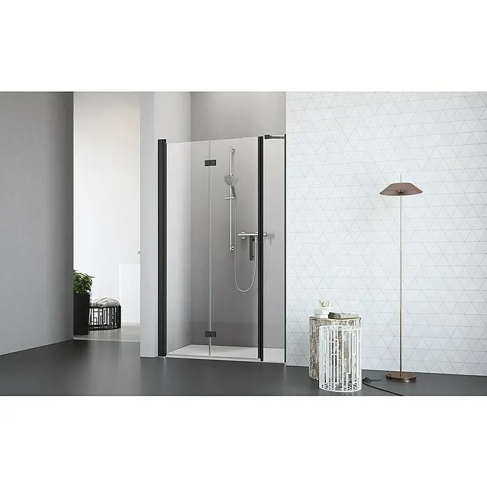 Camargue Vario Nischendusche B52+B17 - 100 x 195 cm, Beschichtet, Schwarz, 6 mm - Moderne Duschkabine mit dunklem Rahmen und klarem Glas, die ein elegantes Badezimmerdesign unterstreicht.