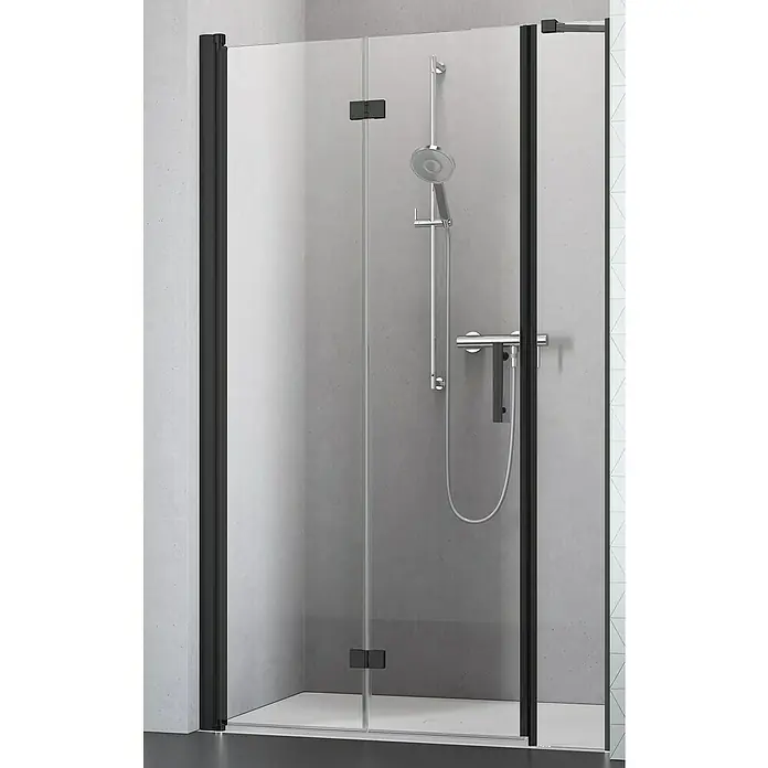 Camargue Vario Nischendusche B52+B17 - 100 x 195 cm, Beschichtet, Schwarz, 6 mm - Schwarze Duschkabine mit klaren Glaspaneelen und modernen Beschlägen, die ein elegantes Badezimmerdesign zeigt.