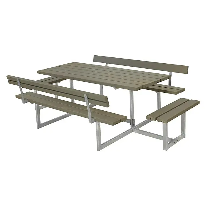 Plus Picknicktisch Basic - Graubraun, Kiefer/Fichte & Stahl, 8 Personen, mit Rückenlehne - Ein Picknicktisch mit robustem Metallgestell und Sitzbänken mit Rückenlehne, ideal für den Außenbereich.