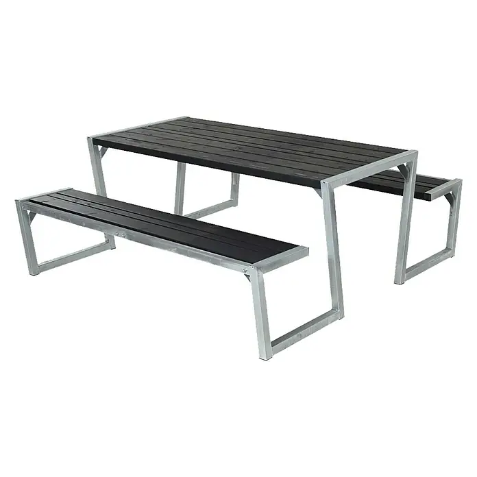Plus Picknicktisch Zigma - 3 -tlg., Schwarz/Silber, Ohne Rückenlehne - Das Bild zeigt ein modernes Picknick-Set mit einem Tisch und zwei Bänken aus Holz und Metall für den Außenbereich.