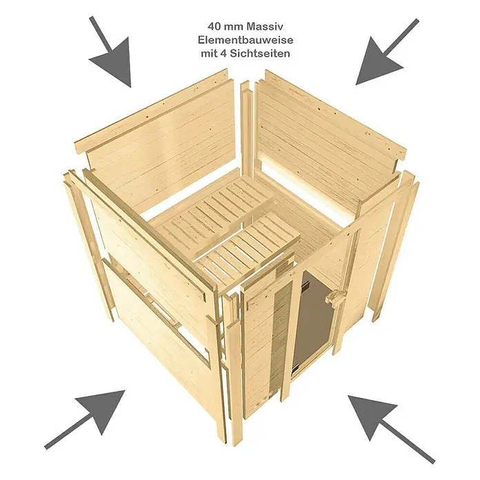 Karibu Massivholzsauna Sinai 3 - Mit 9 kW Bio-Ofen mit externer Steuerung, Mit Dachkranz und Beleuchtung, L x B x H: 264 x 198 x 200 cm - Abbildung eines montierten Holzgartenhauses mit sichtbaren Einzelteilen und Pfeilen, die die Montage veranschaulichen.\n