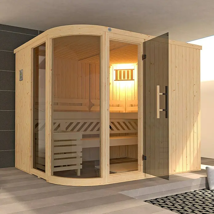 Weka Elementsauna Sara 2 - Bioofen, Steuerung Ofen: Extern, L x B x H: 244 x 194 x 199 cm - Eine moderne Sauna mit Glastür und hellen Holzverkleidungen bietet Entspannung und Wellness für Zuhause.