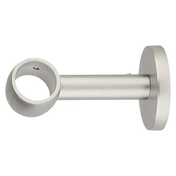 Expo Ambiente Träger Noble - Edelstahloptik, Geeignet für: Gardinenstangen Ø 25 mm, 8 cm - Nahaufnahme einer Gardinenstangenhalterung aus gebürstetem Nickel. Ideal für stilvolle Fensterdekorationen mit elegantem Design.