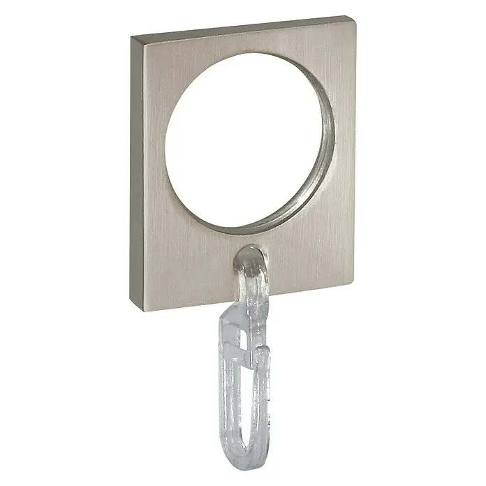 Expo Ambiente Gardinenring Rechteck - Edelstahloptik, Durchmesser: 16 mm, 8 Stk. - Nahaufnahme einer quadratischen Handtuchhalterung mit einem transparenten Clip, ideal für Badezimmer und Küche.