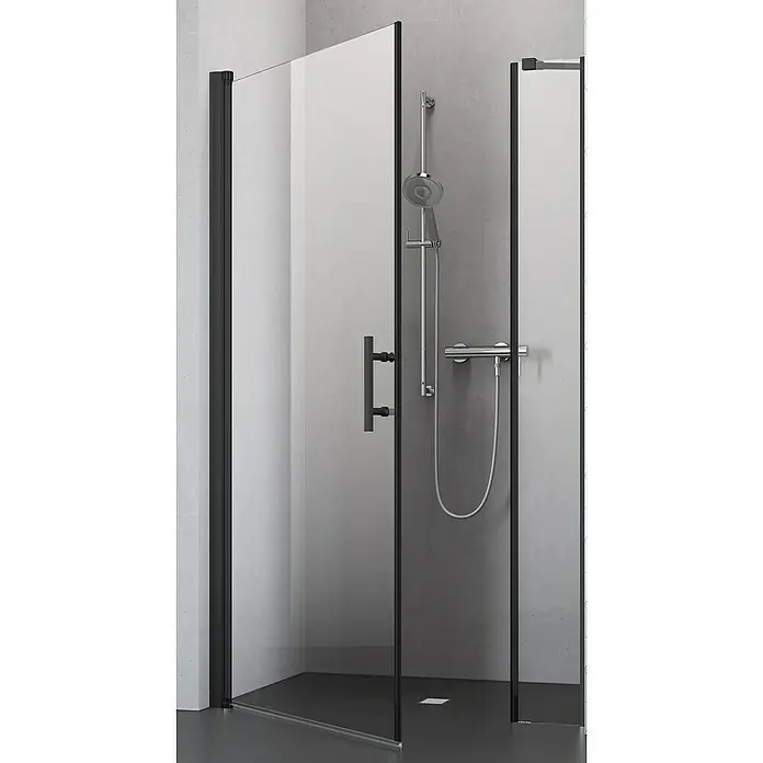 Camargue Vario Nischendusche B17+B1 - 95 x 195 cm, Beschichtet, Schwarz, 6 mm - Ein modernes Duschsystem mit einer klaren Glastür, einem schlanken schwarzen Rahmen und einer eleganten Duscharmatur, die ein minimalistisches Design bietet.
