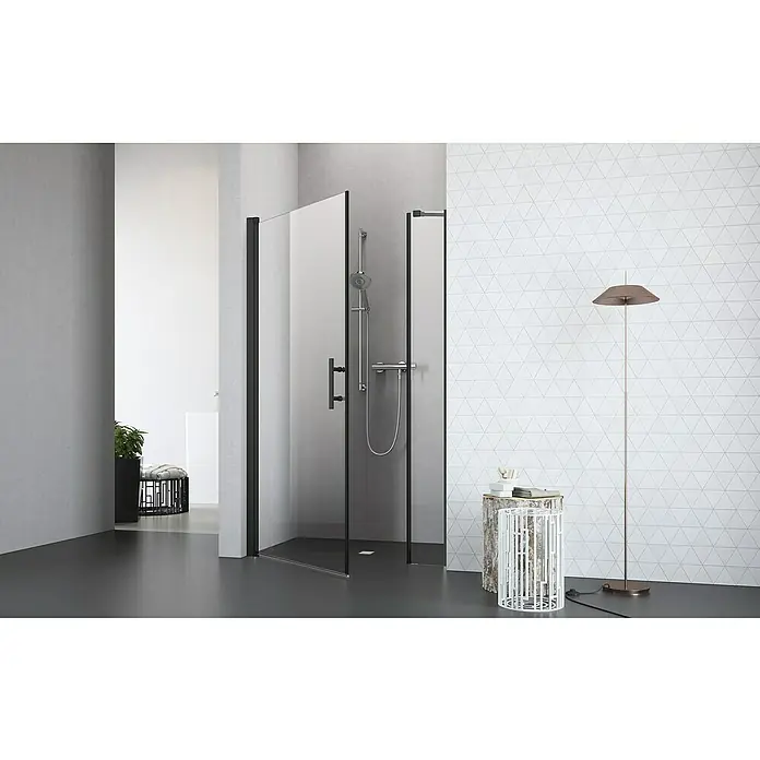 Camargue Vario Nischendusche B17+B1 - 95 x 195 cm, Beschichtet, Schwarz, 6 mm - Moderne Duschkabine mit schwarzen Akzenten, die ein elegantes Badezimmerdesign unterstreicht. Klares Glas und minimalistische Armaturen.