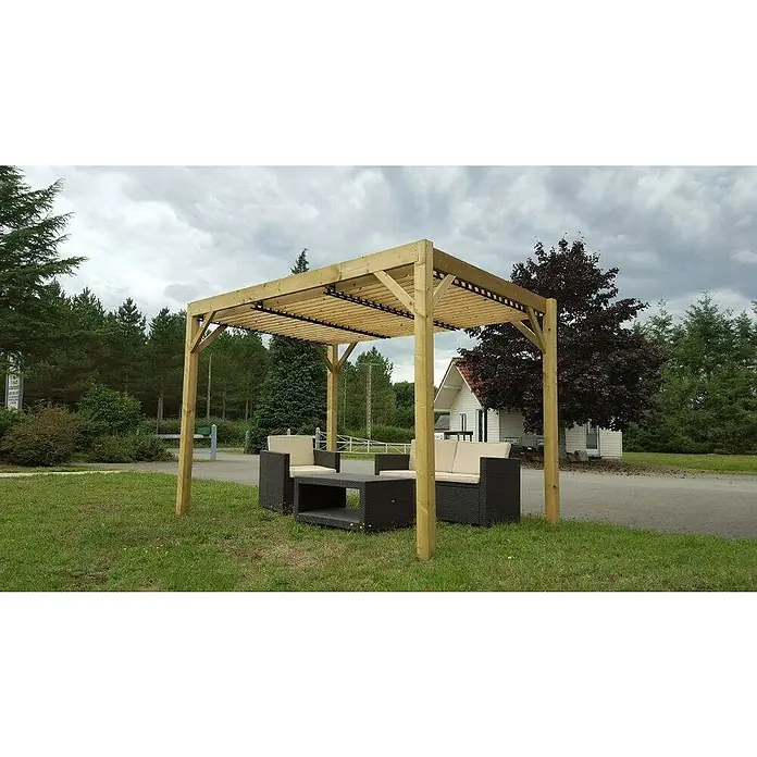 Sam Kit Lamellen Komplettset - Holz, 100 x 9,7 x 2 cm, 10 Stk. - Diese Aufnahme zeigt eine moderne Pergola aus Holz mit Sitzgelegenheit im Freien, ideal zur Entspannung im Garten oder auf der Terrasse.
