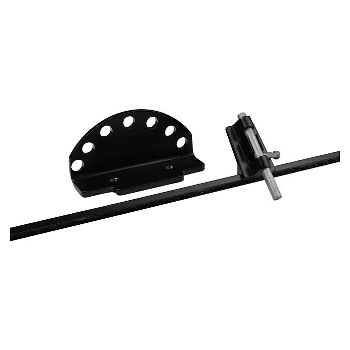 Sam Kit Arretierung - Schwarz - Schwarze Metall-Torhardware: gekrümmter Beschlag mit Löchern, Riegelverschluss mit Silberstift und Verbindungsstange.