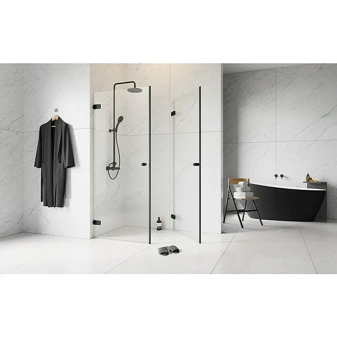 Camargue Air Eckdusche B24+B22 - L x B x H: 97,5 x 77,5 x 200 cm, Beschichtet, Schwarz, Glasstärke: 8 mm - Eine moderne Duschkabine mit schwarzen Akzenten und einer Marmorwand im Hintergrund, die ein elegantes Badezimmerdesign präsentiert.