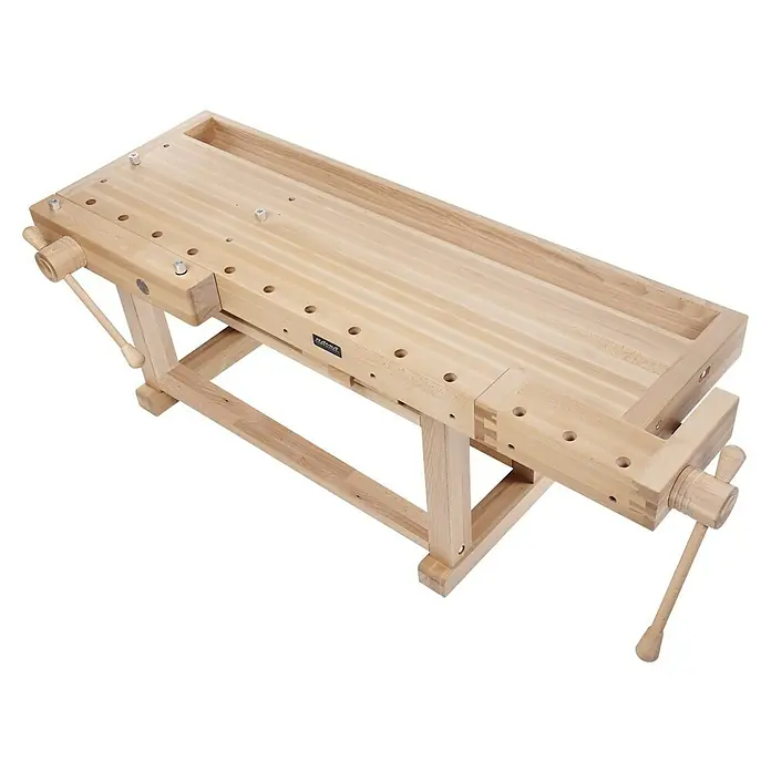 Ramia Hobelbank Premium Superb - L x B: 2.165 x 855 mm, Arbeitshöhe: 870 mm, Holz - Eine hölzerne Werkbank mit einer Ablagefläche und zwei Schraubstöcken für Werkstattarbeiten. Robuste Konstruktion für Handwerker.