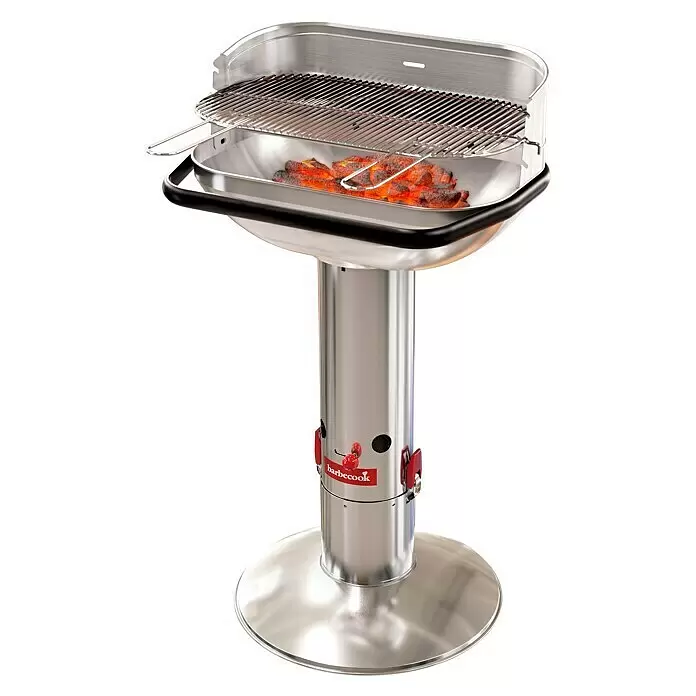 Barbecook Holzkohlegrill Loewy - Grillfläche (B x T): 55 x 33 cm, Silbr, Edelstahl - Edelstahl-Barbecook-Grill mit hohem Standfuß, glühenden Kohlen unter dem Rost und roten Details.