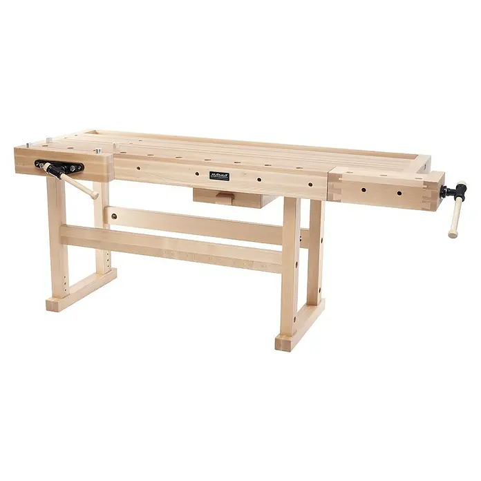 Ramia Hobelbank Premium Monster - L x B: 2.120 x 790 mm, Arbeitshöhe: 870 mm, Holz - Diese Aufnahme zeigt eine Hobelbank aus hellem Holz mit Schraubstöcken und praktischem Unterbau. Ein Muss für jede Werkstatt!