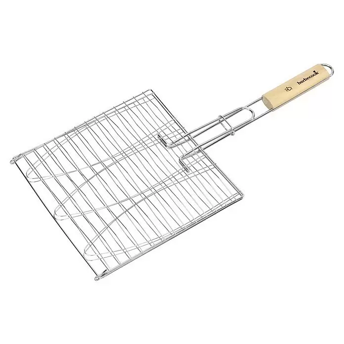 Barbecook Fisch- & Gemüsehalter Fischhalter - L x B: 280 x 280 mm - Silberfarbener Grillkorb aus Metall mit hellem Holzgriff, zum Grillen von Speisen.