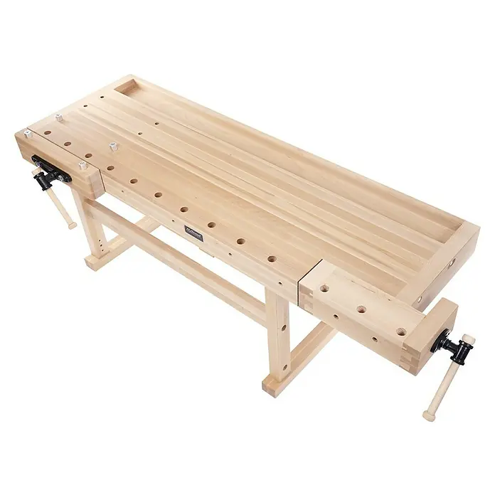 Ramia Hobelbank Premium Monster - L x B: 2.120 x 790 mm, Arbeitshöhe: 870 mm, Holz - Helle Holzwerkbank mit zwei Schraubstöcken und einer eingelassenen Ablagefläche, ideal für Holzbearbeitungs- und Bastelprojekte.