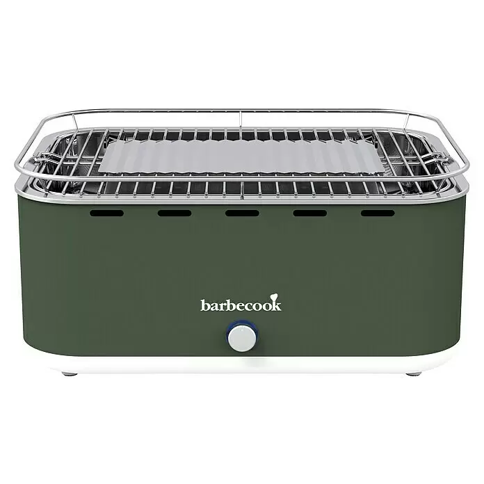 Barbecook Tischgrill Carlo - Grillfläche (B x T): 38,5 x 28,5 cm, Olivgrün - Olivgrüner rechteckiger Tischgrill mit Chrom-Grillrosten, internen Hitzedeflektoren und einem vorderen Bedienknopf.
