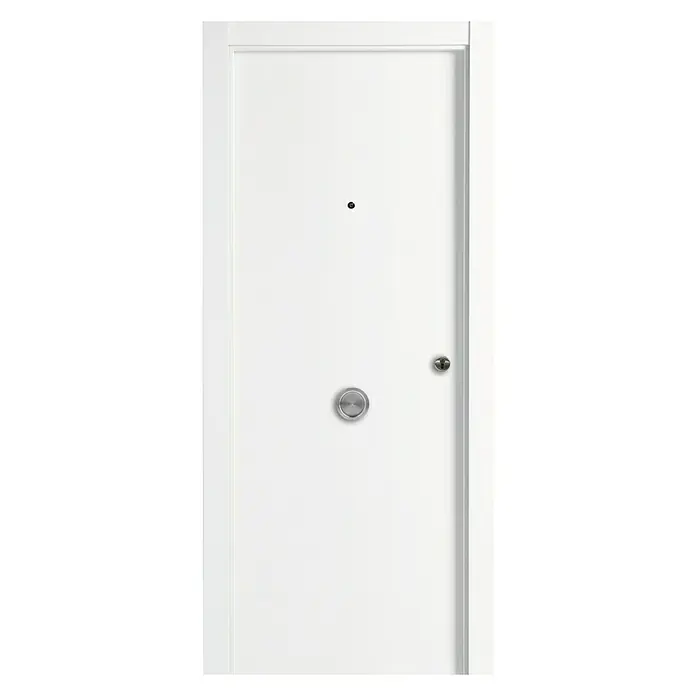 Solid Elements Puerta de entrada interior - 82,5 x 203 cm, Izquierda, Blanco, Blindada - Primer plano de una puerta de seguridad blanca y moderna con mirilla, pomo y cerradura giratoria, que combina seguridad y diseño contemporáneo.