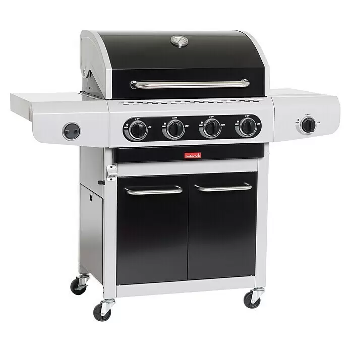 Barbecook Gasgrill Siesta 412 Black Edition - Grillfläche (B x T): 69 x 43 cm, Anzahl Brenner: 4 Stk. - Schwarz-silberner Gasgrill mit vier Brennern, Seitenablagen, Unterschrank und Rollen.