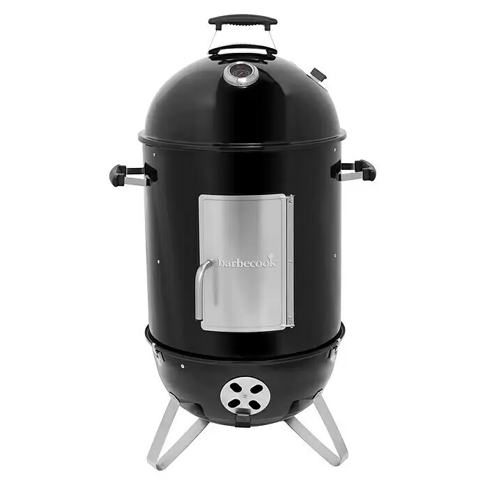 Barbecook Smoker Oskar - Durchmesser Grillfläche: 44 cm, Schwarz - Schwarzer Holzkohle-Smoker mit Edelstahltür, integriertem Thermometer und robusten Metallbeinen.