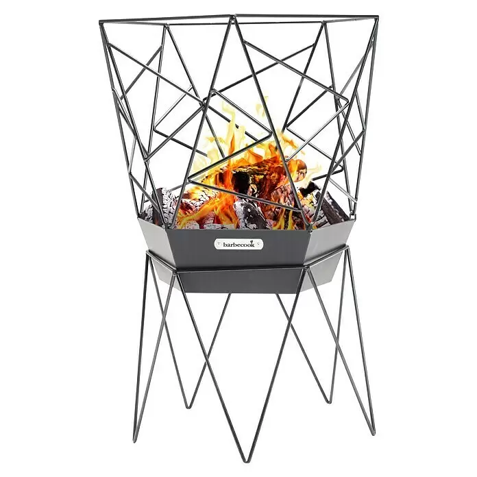 Barbecook Feuerkorb Sierra - Schwarz, L x B x H: 45 x 45 x 71 cm - Geometrische Feuerschale aus dunklem Metall mit brennendem Holz und Flammen auf dünnen Beinen.