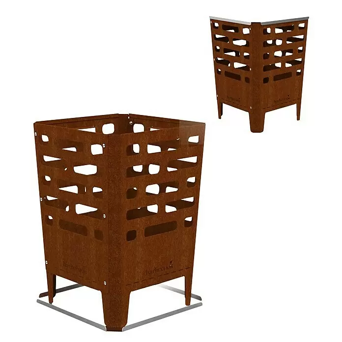 Barbecook Feuerkorb Jill - L x B x H: 38 x 38 x 55 cm, Stahl, Braun - Zwei rustikale, rostbraune Metall-Feuerschalen oder Außenheizungen mit Aussparungen, eine große mit durchsichtiger, eine kleine mit weißer Oberseite.