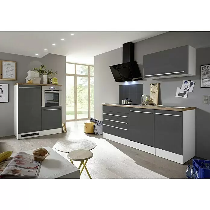Respekta Premium Composición de cocina Gabriel - Ancho: 320 cm, Antracita, Con electrodomésticos - Cocina moderna con armarios gris brillante, zócalo blanco y encimeras de efecto madera, con horno, placa y campana extractora integrados.