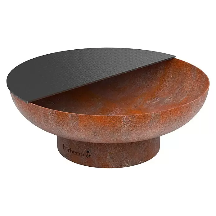 Barbecook Grillplatte Plancha - L x B: 62 x 31 cm, Kohlenstoffstahl - Rostige Metall-Barbecook-Feuerschale mit schwarzem, strukturiertem Halbdeckel.