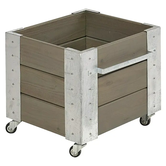 Plus Pflanzkübel eckig Cubic - 50 x 46 x 45 cm, Graubraun, Kiefer - Ein quadratischer Pflanzkasten aus Holz mit Metallverstärkungen und Rollen, ideal für den Garten oder die Terrasse.