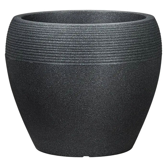 Scheurich Lineo Maceta para planta - Dimensiones externas (Ø x Al): 48 x 39 cm, Plástico, Negro - Una maceta de antracita detallada con ranuras horizontales en la parte superior, ideal para espacios interiores y exteriores.