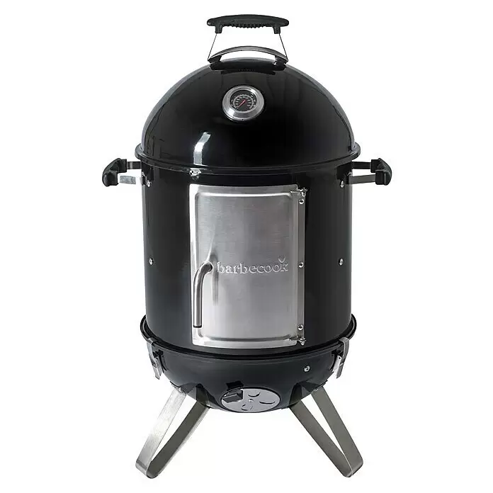 Barbecook Smoker Oskar S - Durchmesser Grillfläche: 40 cm, Schwarz - Schwarzer Smoker Grill mit Kuppeldeckel, integriertem Thermometer und silberner Zugangstür.