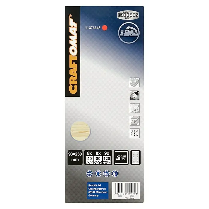 Craftomat Schleifstreifen Sparpack - 230 x 93 mm, 25 -tlg. - Abbildung einer Craftomat Schleifpapierverpackung, die Schleifpapiere in verschiedenen Körnungen und Größen für Holzbearbeitung anbietet.