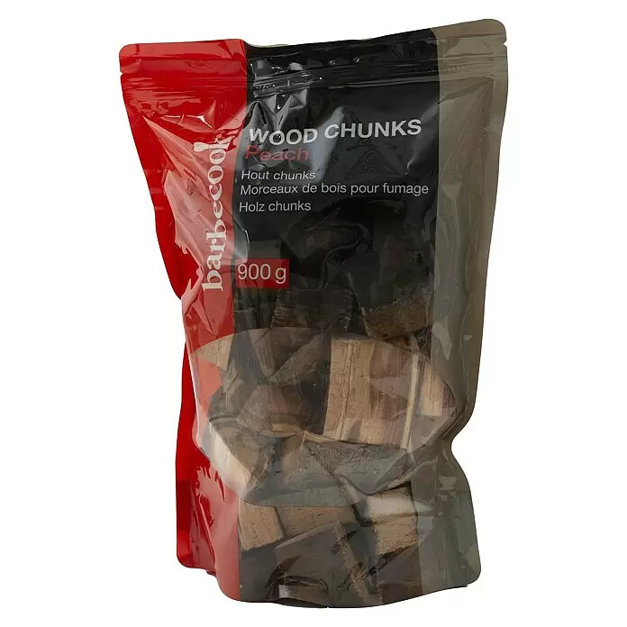 Barbecook Räucherchips - 900 g, Pfirsich - Barbecook 900g rote und schwarze Tüte mit Peach Holz-Chunks zum Räuchern.