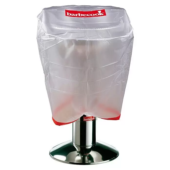 Barbecook Grill-Schutzhülle - PVC, L x B x H: 65 x 65 x 60 cm - Durchsichtige weiße Netzabdeckung von Barbecook mit rotem Logo und Saum, für Grills oder Heizstrahler, auf einem Metallständer.