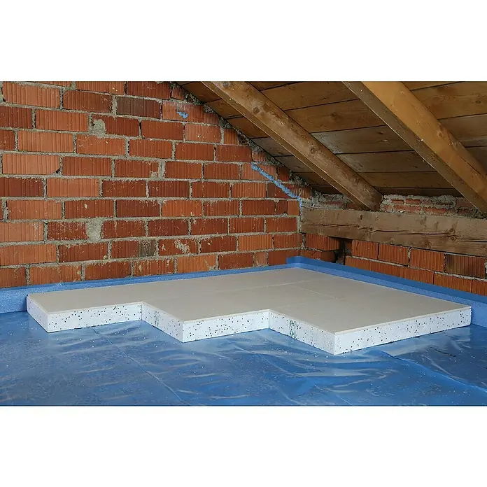 Bachl Dachbodenelement - Stärke: 120 mm, L x B: 1.000 x 500 mm - Dämmplatten auf blauem Untergrund. Die Dämmung ist weiß mit dunklen Sprenkeln, der Raum ist ein ausgebauter Dachboden.