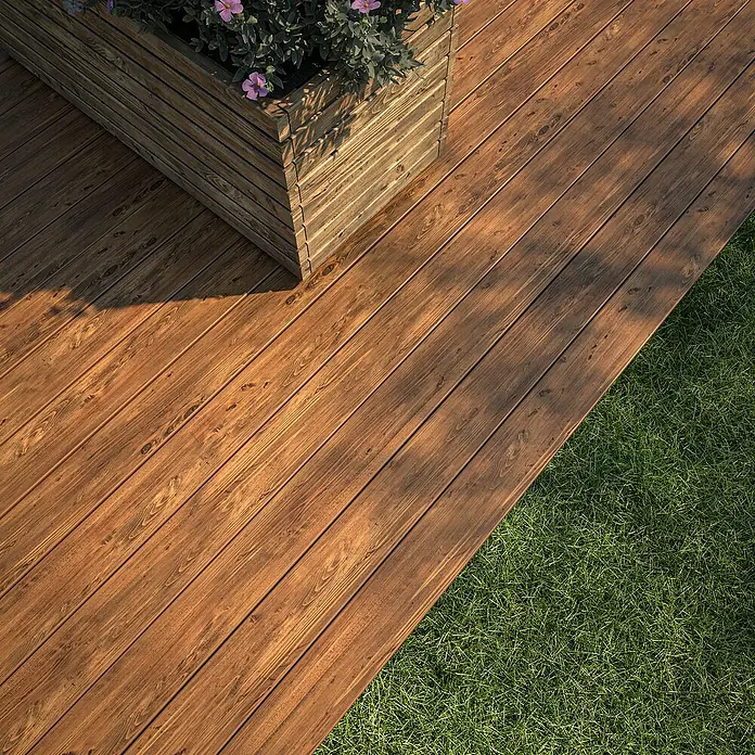 Cerland Tarima para terraza Lisa - L x An x Es: 240 x 9,5 x 2 cm, Pino - Primer plano de una terraza de madera con jardinera, resaltando la belleza natural y los tonos cálidos de la madera.