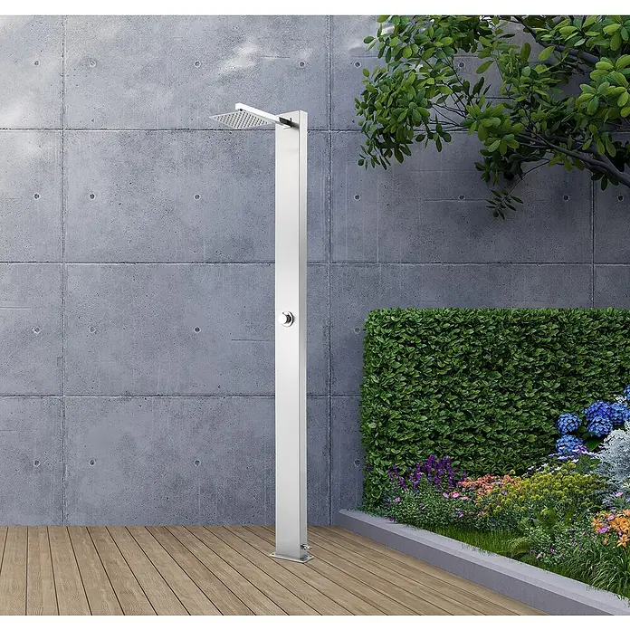 GardWell Ducha de piscina Motion - Altura: 210 cm, Acero inoxidable, Plata - Ducha exterior independiente de acero inoxidable sobre pared de hormigón y exuberante vegetación. Ideal para uso exterior.