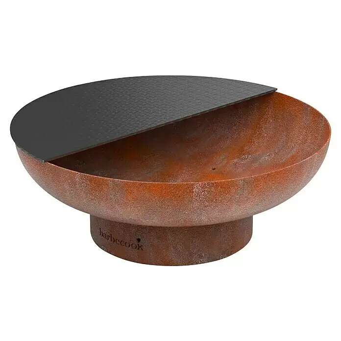 Barbecook Grillplatte Plancha - L x B: 75 x 32,5 cm, Kohlenstoffstahl - Rostbraune Feuerschale mit schwarzem, texturiertem Halbdeckel.