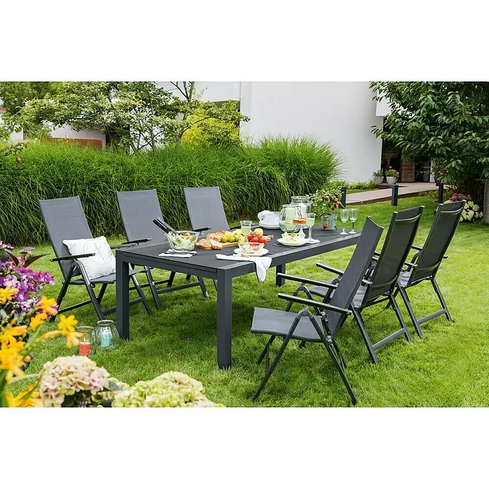 Sunfun Maja Gartenmöbel-Set XXL - 7 -tlg., Anthrazit - Elegantes Gartenmöbelset mit Tisch und sechs Stühlen. Perfekt für Mahlzeiten im Freien und entspannte Stunden im Garten.