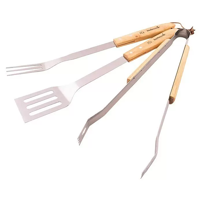 Barbecook Grillbesteck - Länge: 47 cm, Edelstahl - Set aus drei Edelstahl-Grillwerkzeugen mit hellen Holzgriffen: Gabel, Spatel und Zange.