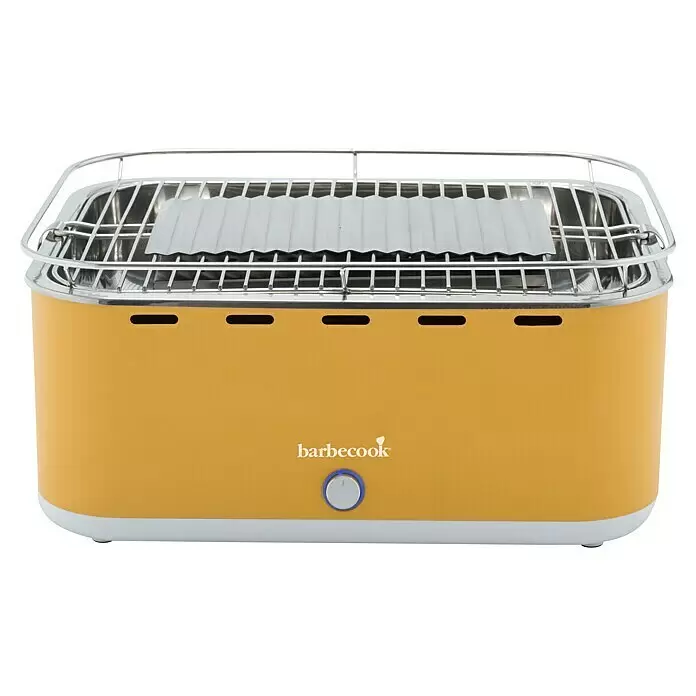 Barbecook Tischgrill Carlo - Grillfläche (B x T): 38,5 x 28,5 cm, Sonnengelb - Gelber tragbarer Grill mit Chromrost, Fettauffangschale aus Metall, weißem Boden und blau beleuchtetem Drehknopf.